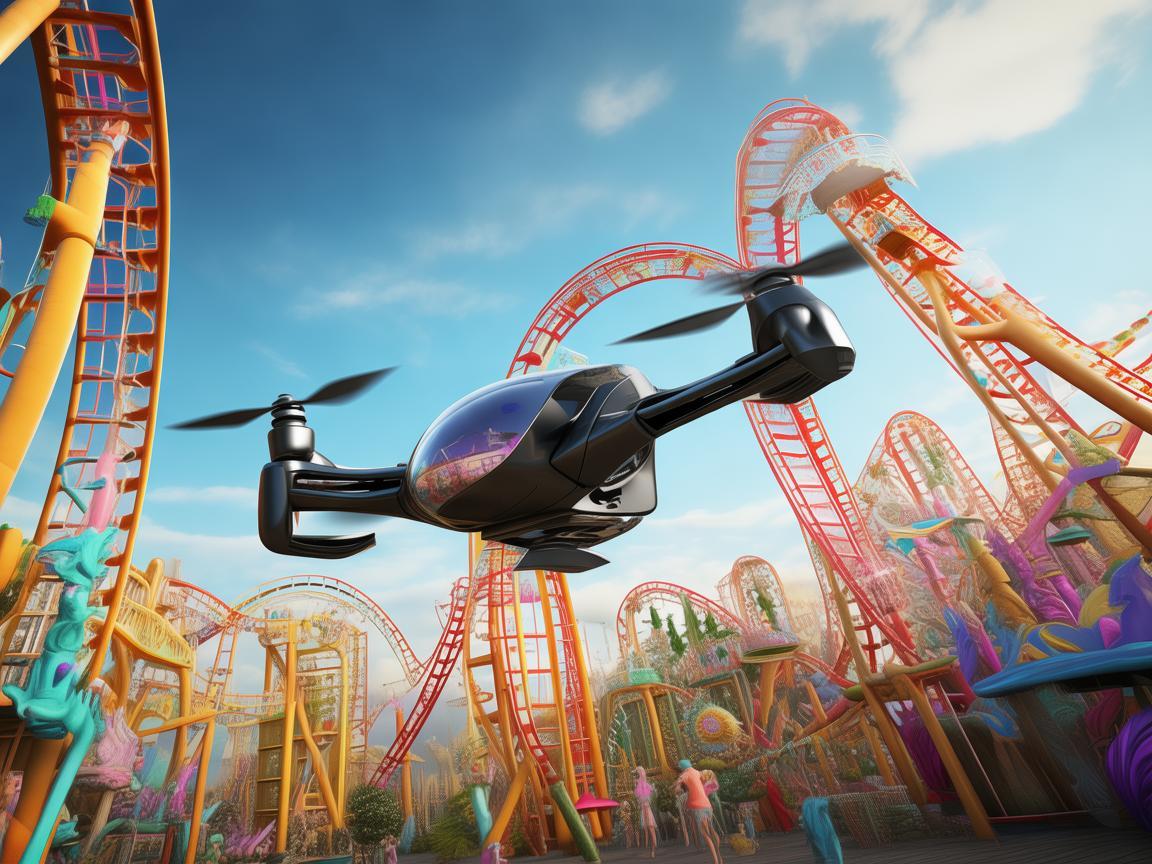 无人机在游乐园过山车旁的奇幻飞行