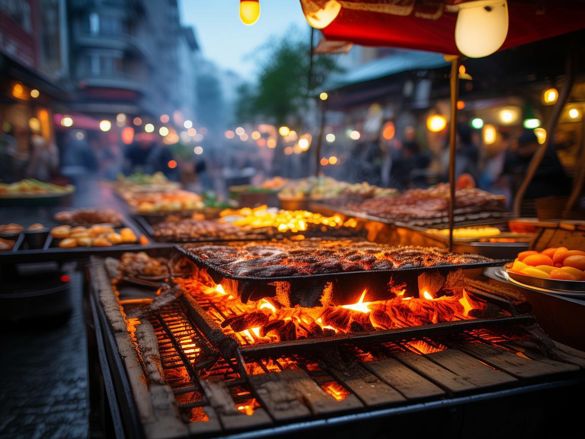 无人机视角下的烧烤摊炭火