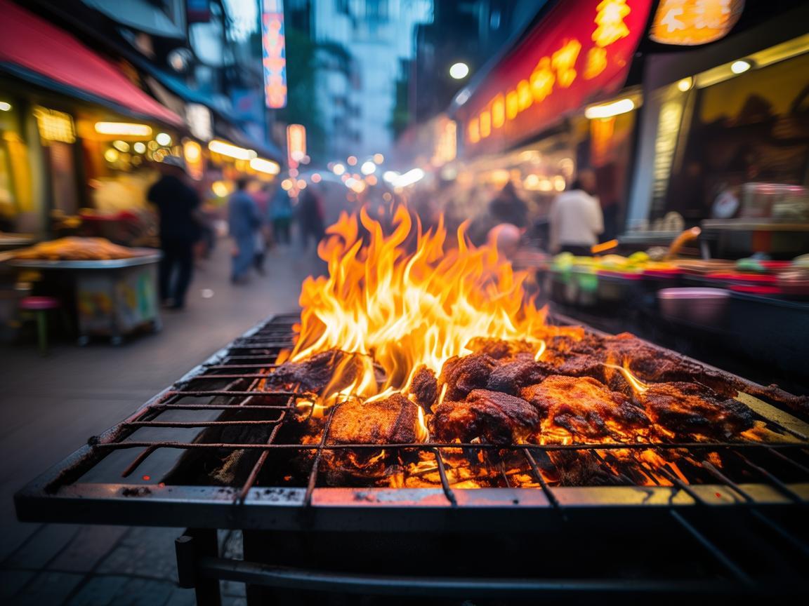 无人机视角下的烧烤摊炭火之舞 无人机视角下的烧烤摊炭火之舞